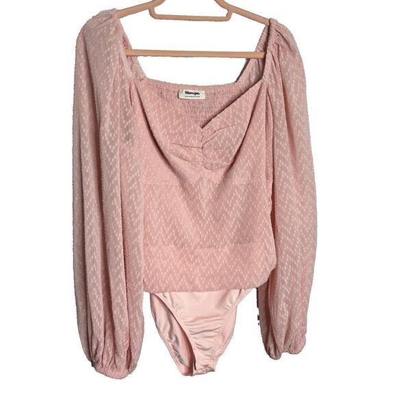 Showpo Womens Bodysuit Blouse Top Pink 16 Balloon Sleeve Ruched Swiss Dot - Picture 2 of 12